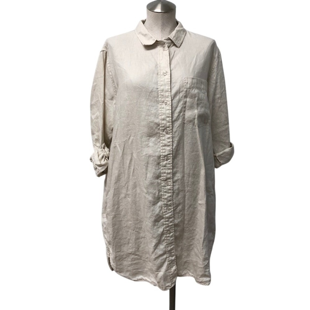 Quince Shirt Dress Womens L Sand 100% European Linen Button Front Long Sleeve